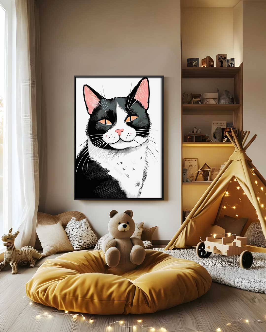 Schattige Kat Illustratie – canvas wanddecoratie in portret formaat