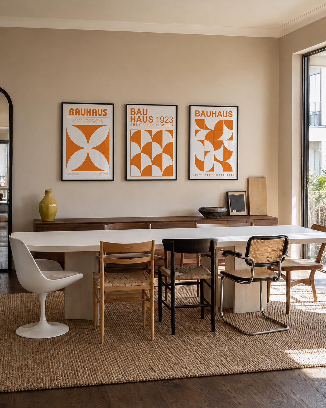 Vormen en vlinders posterset – tweede productweergave – deze posterset in drie delen toont een oranje vierkant met witte