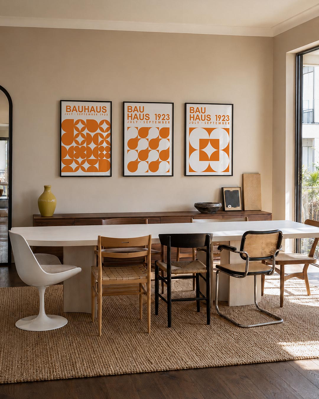 Oranje vormenspel posterset – tweede productweergave – deze posterset in drie delen toont een levendig spel van oranje