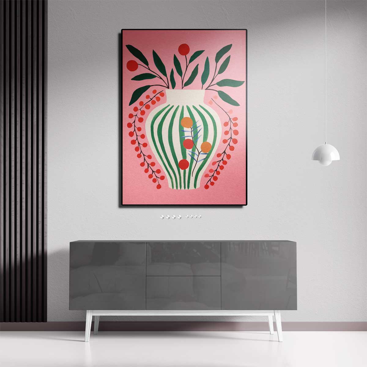 Vrolijke Vaas op Roze Achtergrond – modern portret kunstwerk van WallArtistic