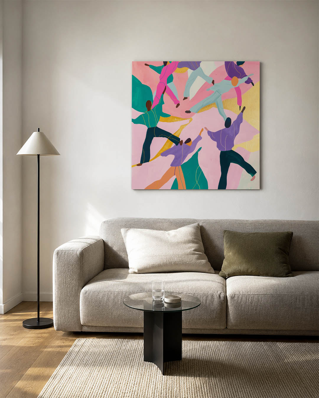 Dansende figuren kunstwerk – vierkante wanddecoratie – dit kunstwerk toont levendige figuren in beweging tegen een kleurrijke