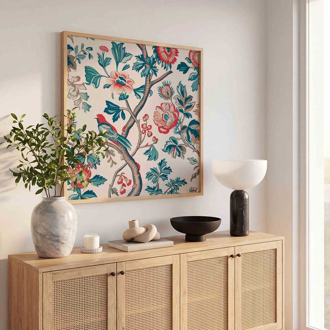 Vogel en bloemen – illustratie poster in vierkant formaat