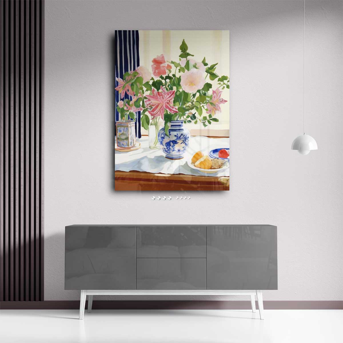 Bloemenpracht in Blauw-Witte Vaas – plexiglas wanddecoratie in portret formaat