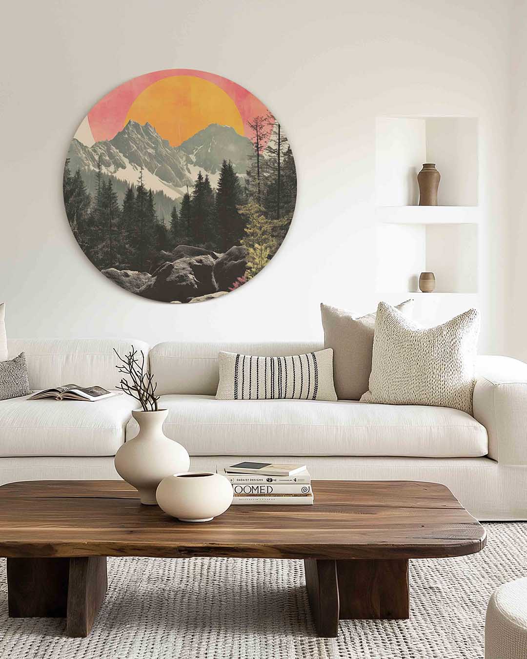 Berglandschap met zon – illustratie muurcirkel als ronde muurdecoratie