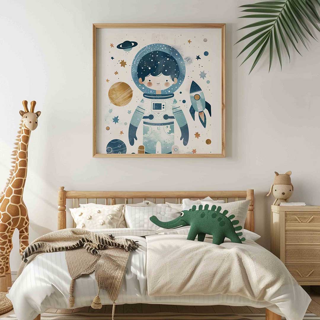Astronaut en ruimte – vierkante kinderkamer wanddecoratie van WallArtistic