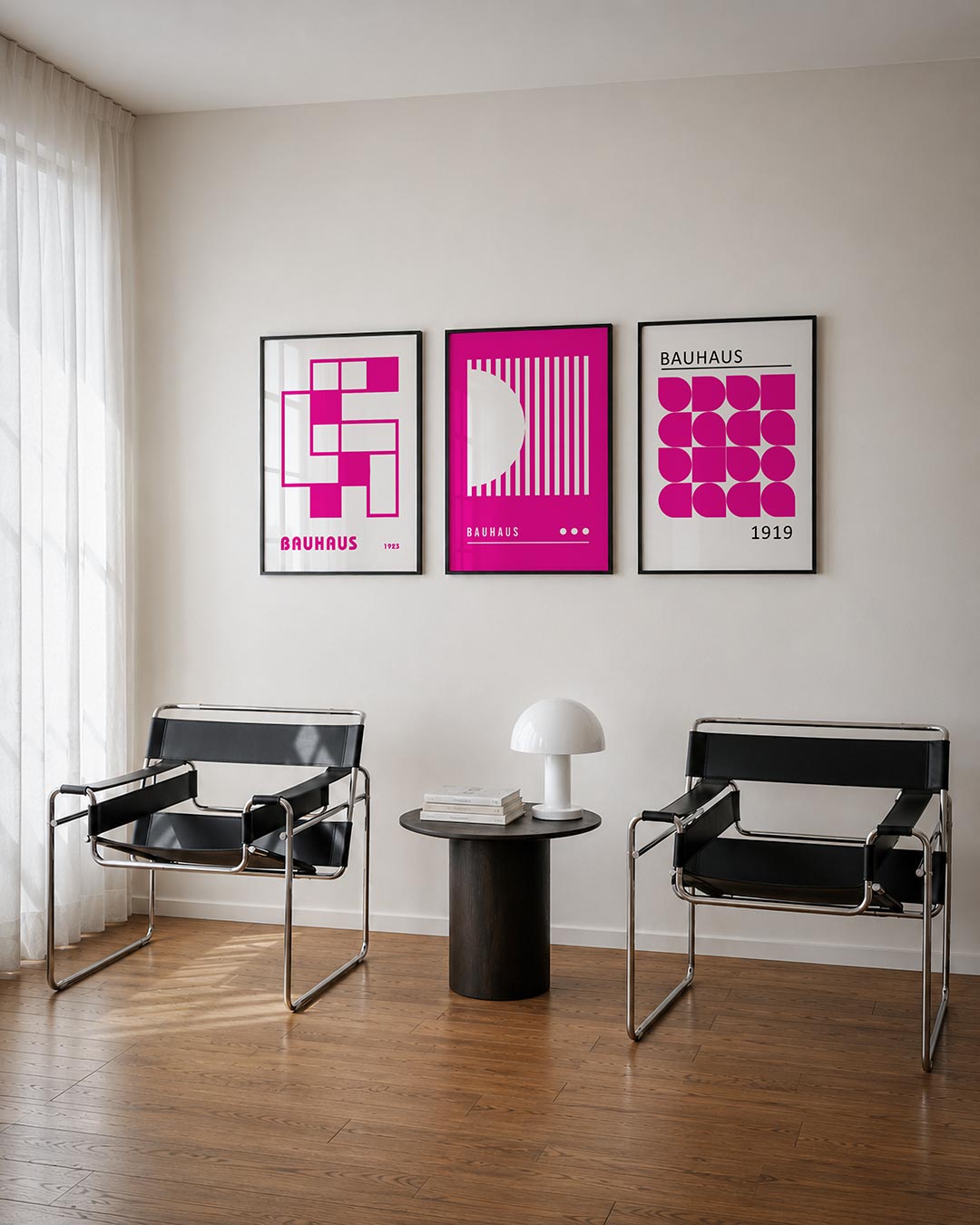 Vormen en vlakken posterset – tweede productweergave – deze posterset in drie delen toont een speelse combinatie van roze en
