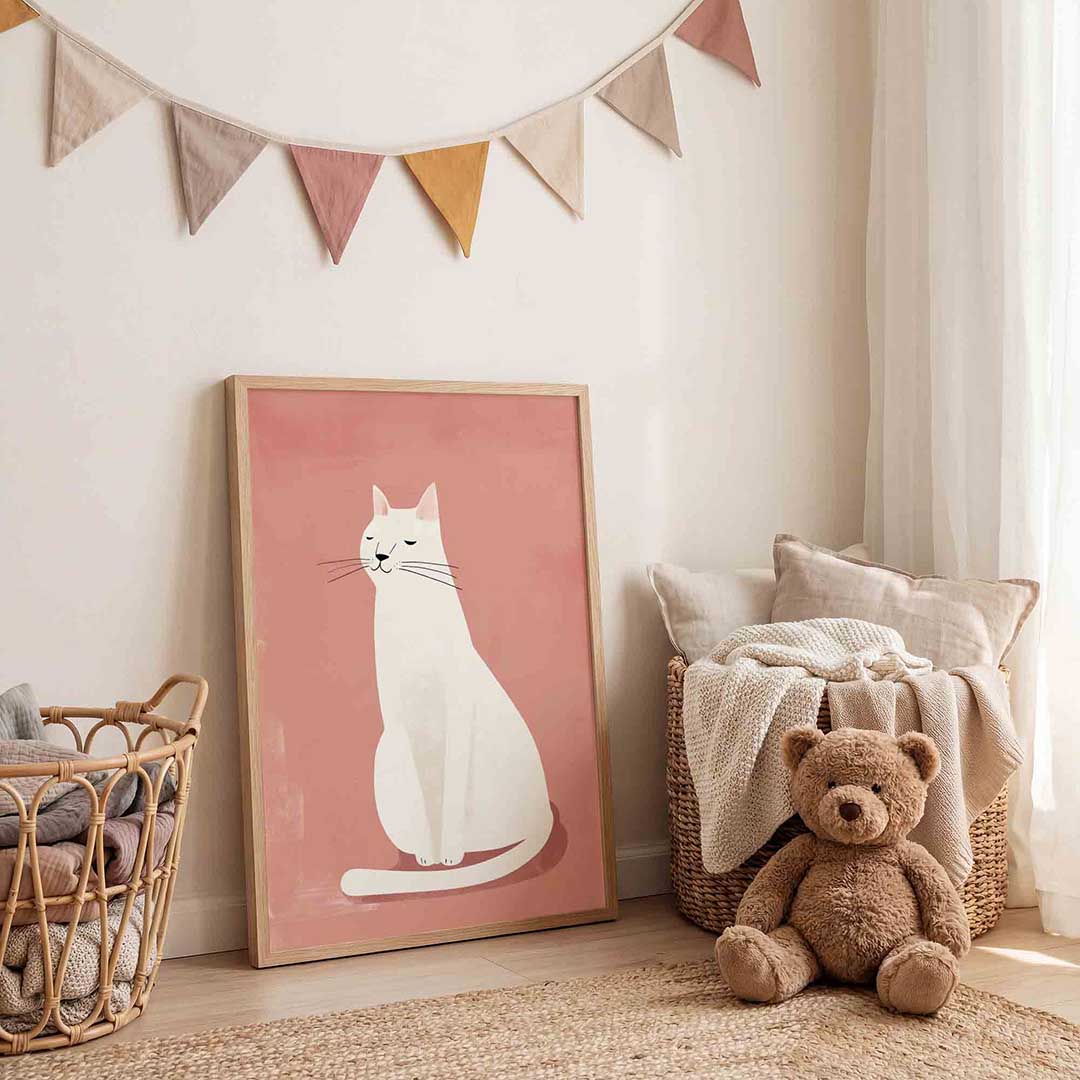 Witte kat – speelse wandkunst als portret kinderposter