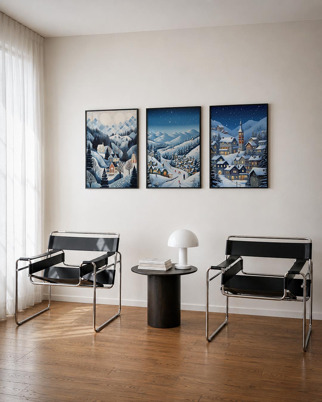 Winterse dorpstafereel driedelige posterset – deze posterset in drie delen toont een winterlandschap met
