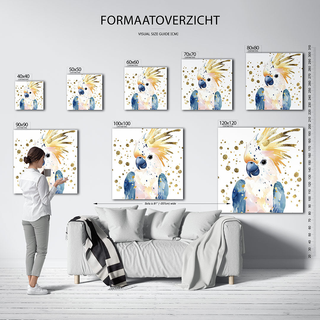 Vrolijke papegaai kunstwerk – dit kunstwerk toont een kleurrijke papegaai met blauwe en oranje tinten, omringd door gouden