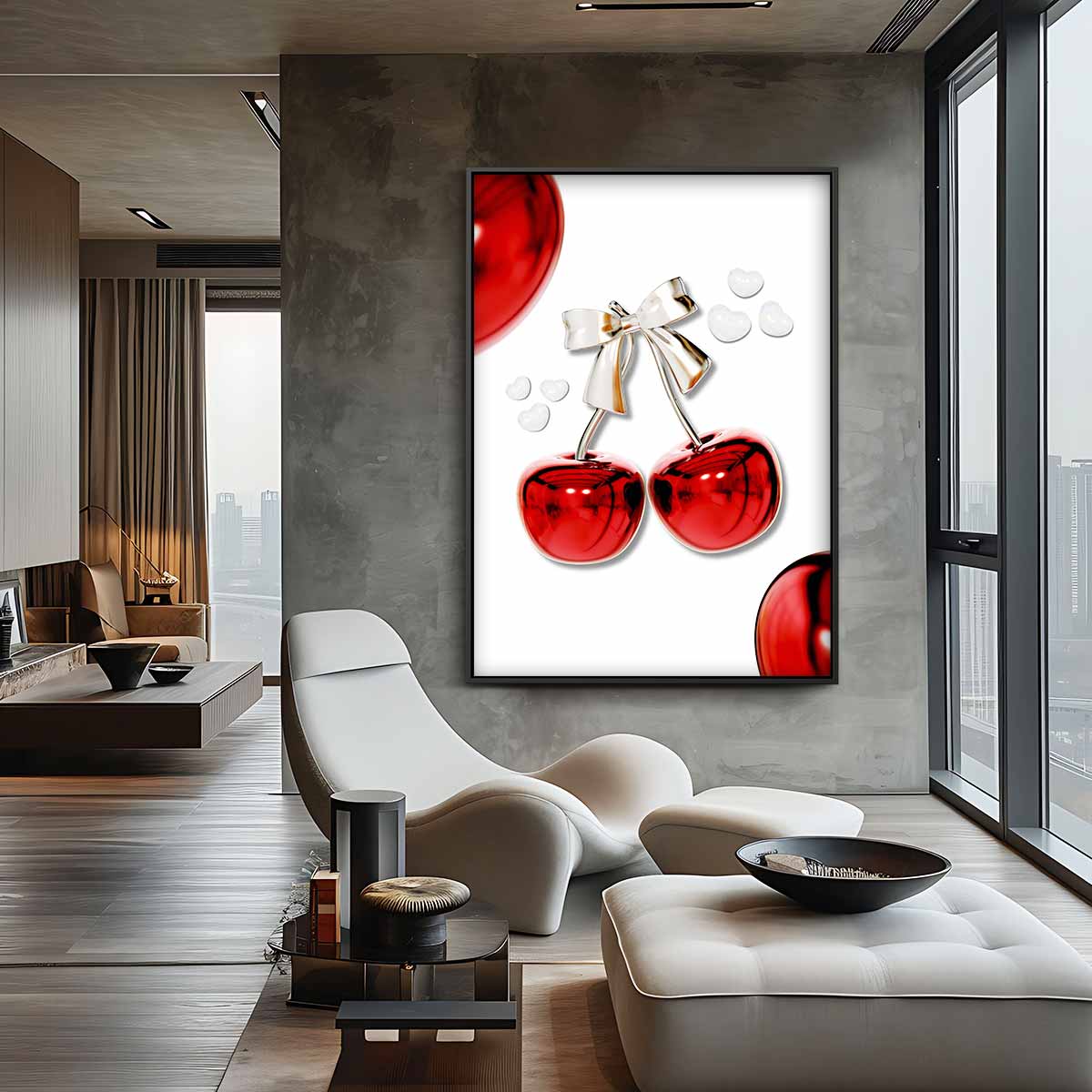 Glanzende Kersen met Strik – plexiglas kunstwerk als wanddecoratie