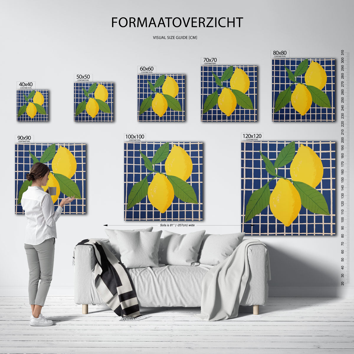 Citroenen op blauw – vierkante muurposter voor keuken of eethoek