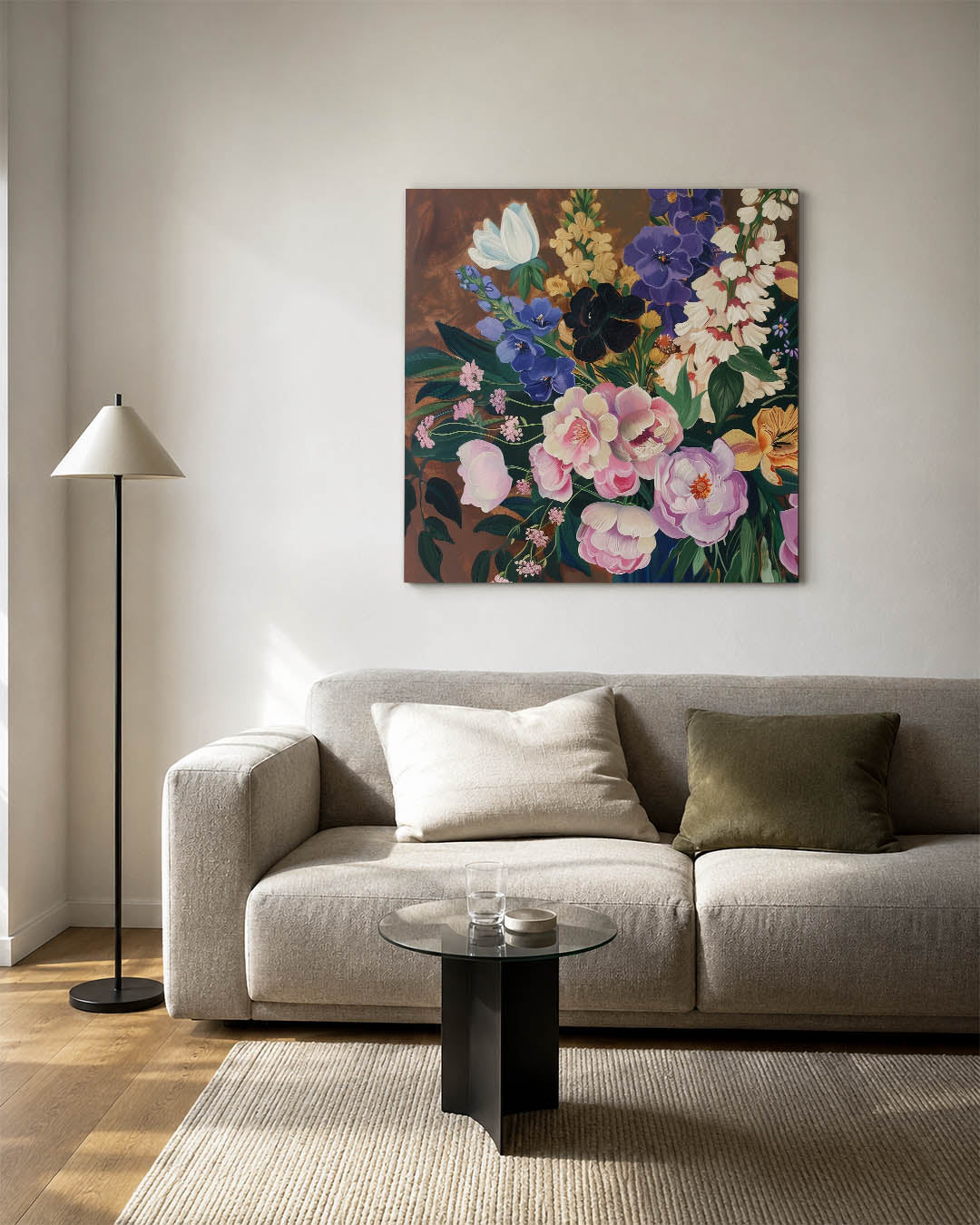 Bloemrijke compositie kunstwerk – detailweergave – dit werk toont een levendige verzameling bloemen in diverse kleuren en
