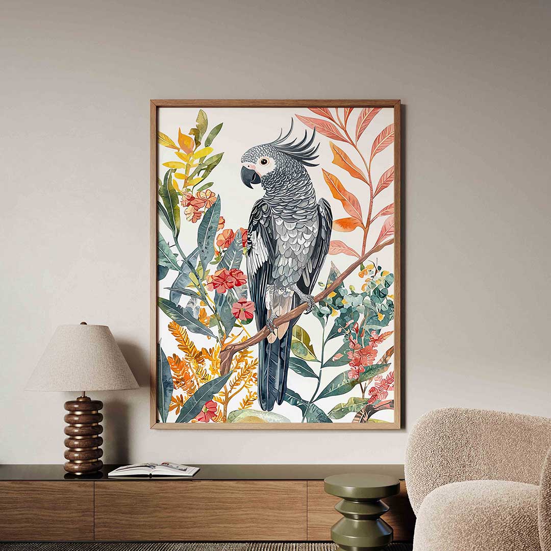 Papegaai en bladeren – dieren poster in staand formaat