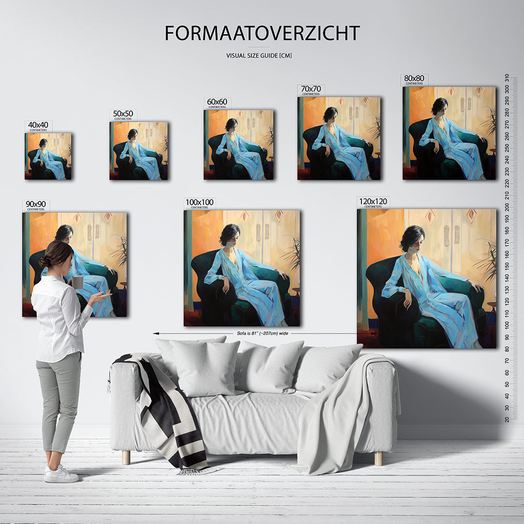 Vrouw in blauwe kamer kunstwerk – sfeerbeeld – dit kunstwerk toont een vrouw in een blauwe jurk zittend in een groene stoel.