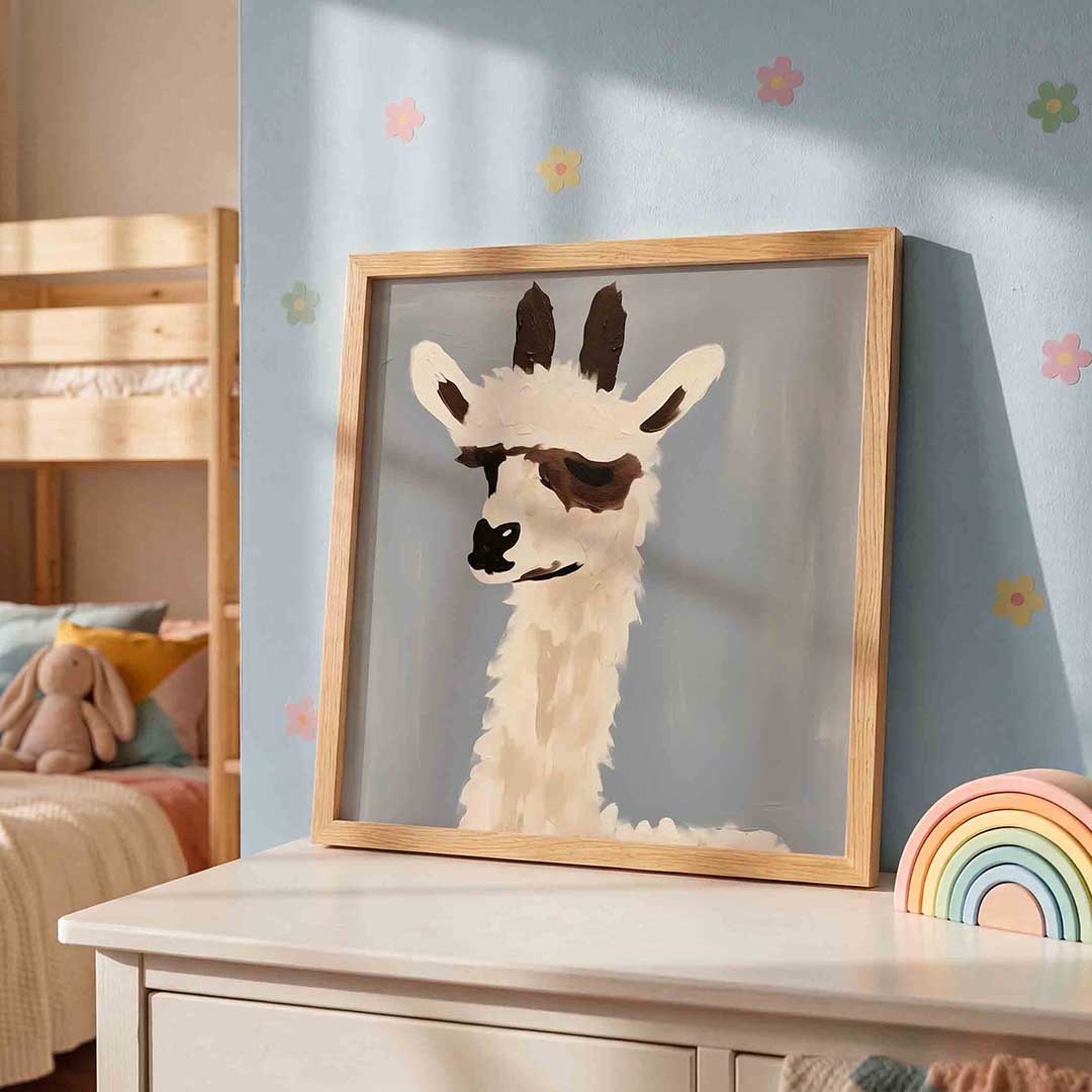 Alpaca portret – speelse wandkunst als vierkante kinderposter