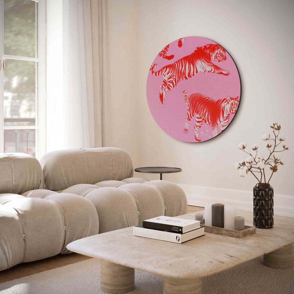 Tijgers op roze – muurcirkel met abstracte texturen voor aan de muur