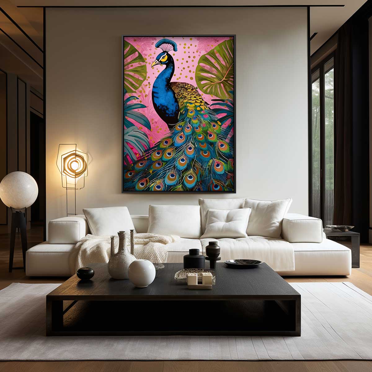 Prachtige Pauw in het Paradijs – kunstwerk met zwarte baklijst