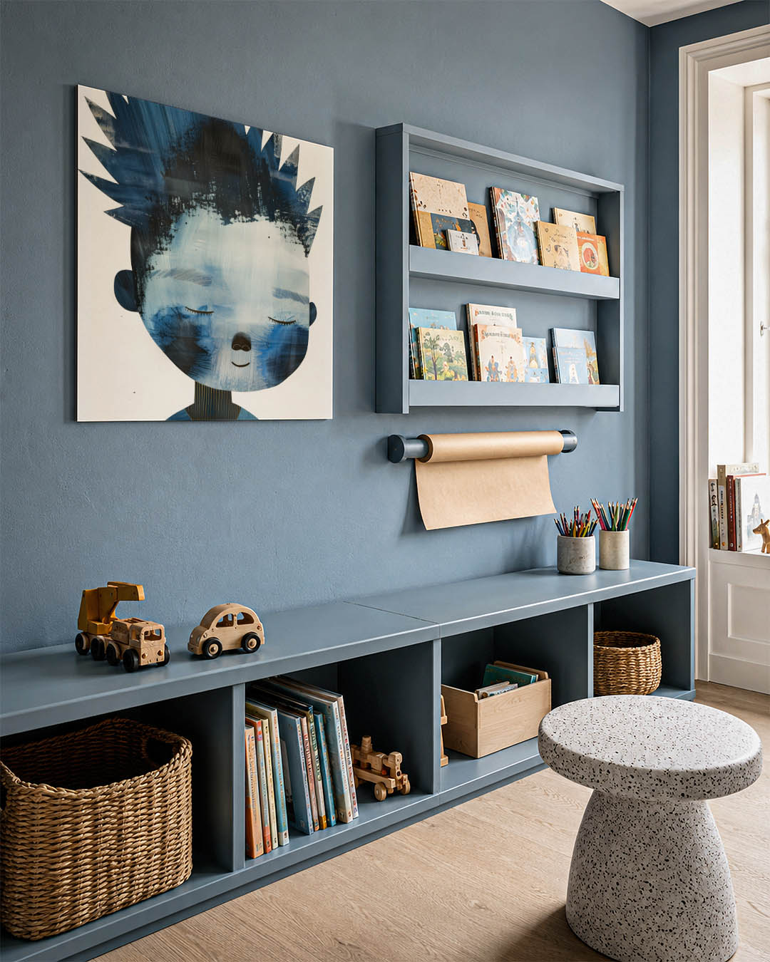 Dromerig portret kunstwerk – detailweergave – dit kunstwerk toont een dromerig gezicht met gesloten ogen in blauw en