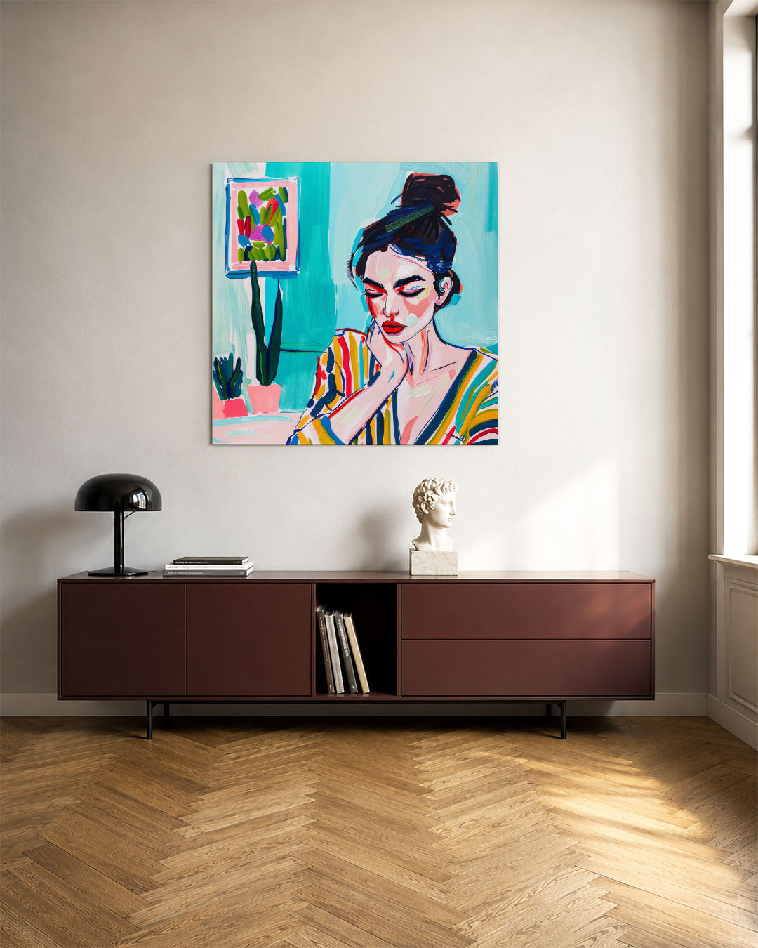 Kleurrijke portret expressie kunstwerk – tweede productweergave – dit kunstwerk toont een vrouwelijk portret met levendige