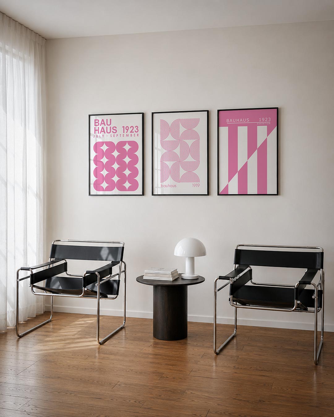 Vorm en kleur posterset – derde productweergave – deze posterset in drie delen toont een ritmisch patroon van roze halve