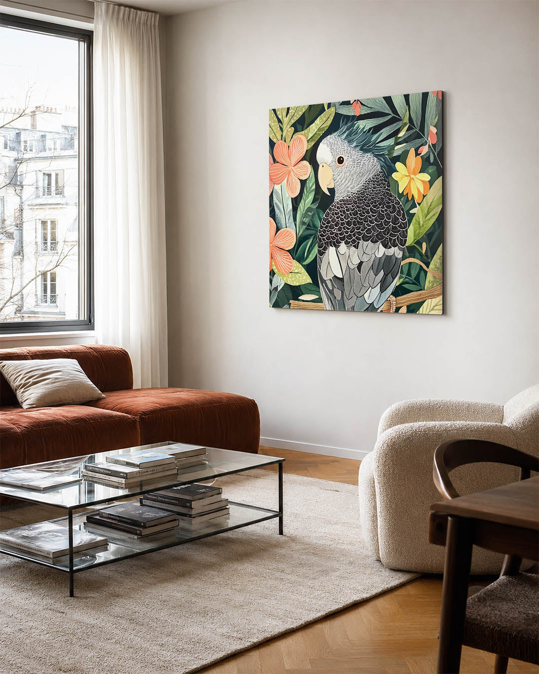 Vrolijke vogel en bloemen kunstwerk – vierkante wanddecoratie – dit kunstwerk toont een gedetailleerde vogel omringd door