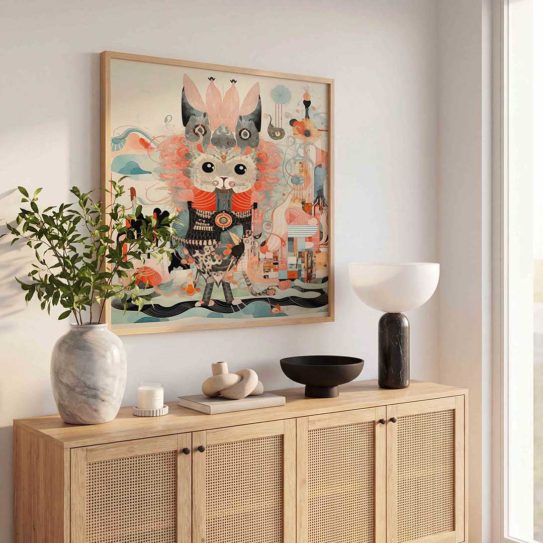 Kat met abstracte vormen – kleurrijke poster in vierkant formaat
