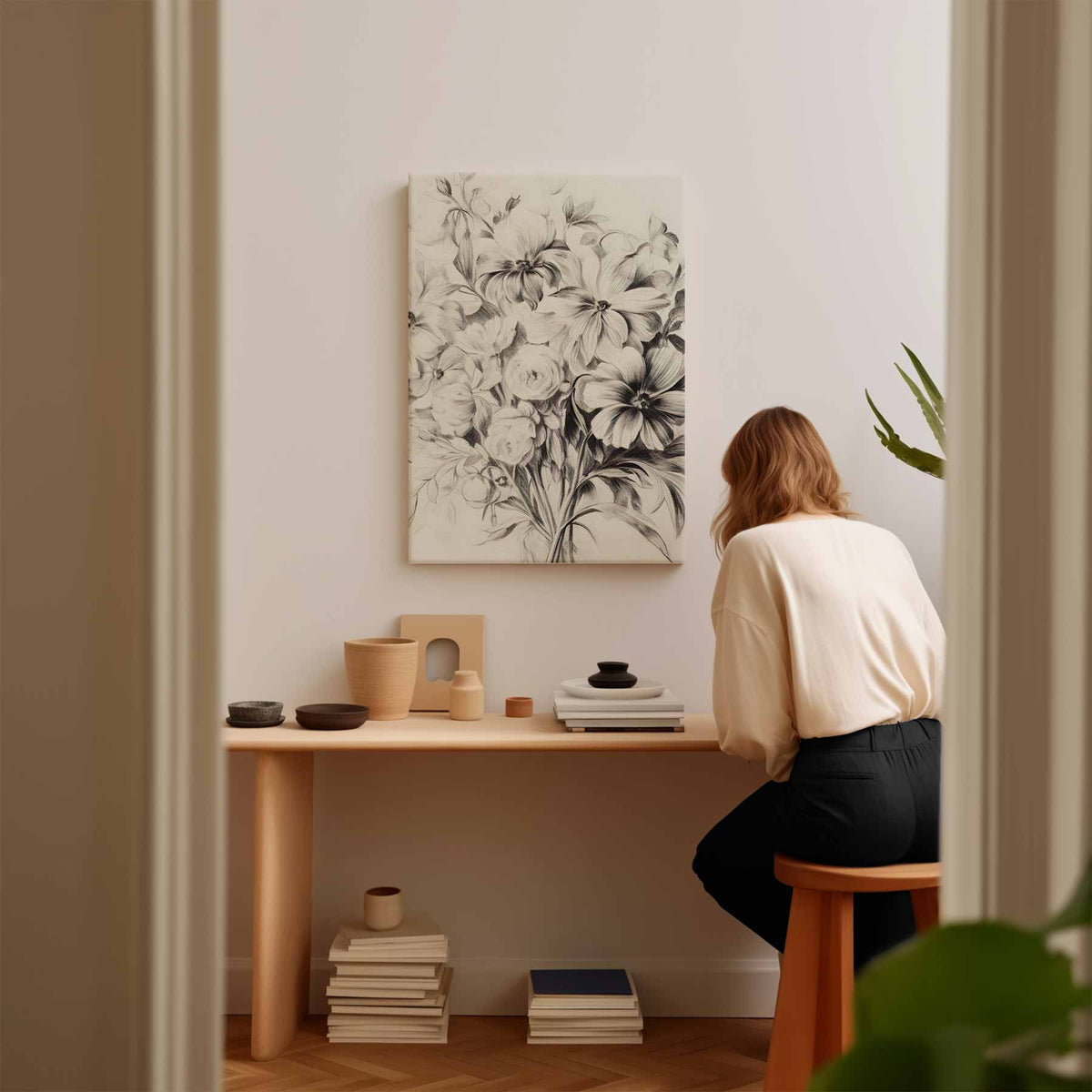 Bloemrijke Potloodtekening – canvas kunstwerk als wanddecoratie