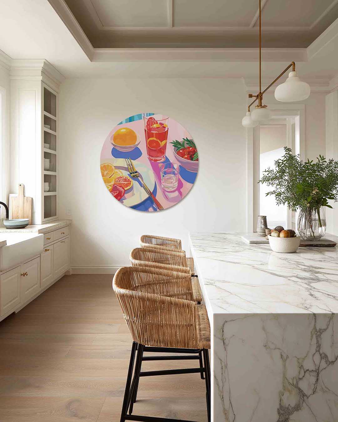 Fruit en drankjes – abstracte muurcirkel als ronde wanddecoratie