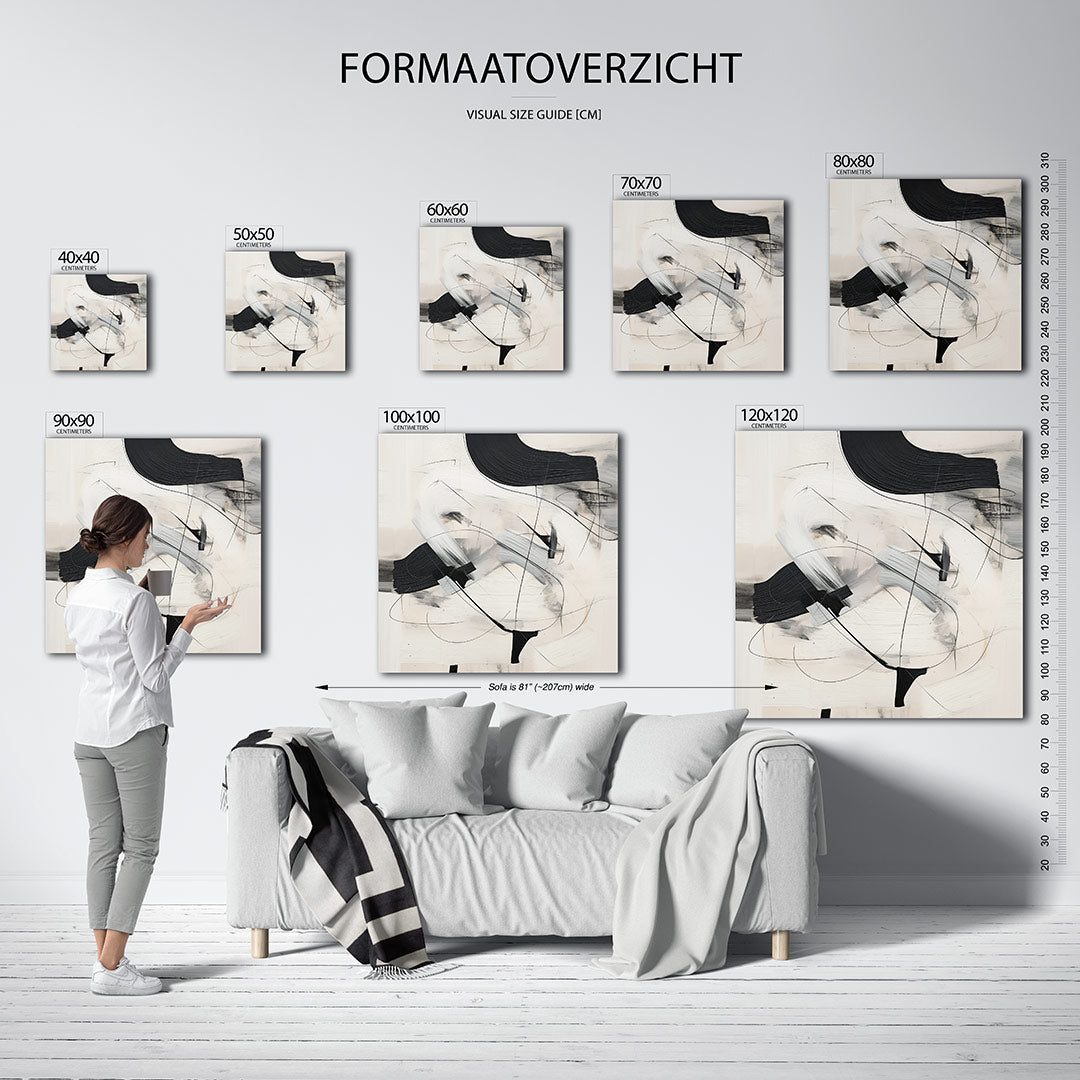 Dynamische lijnen compositie kunstwerk – materiaalweergave – dit kunstwerk toont vloeiende zwarte en witte lijnen die elkaar