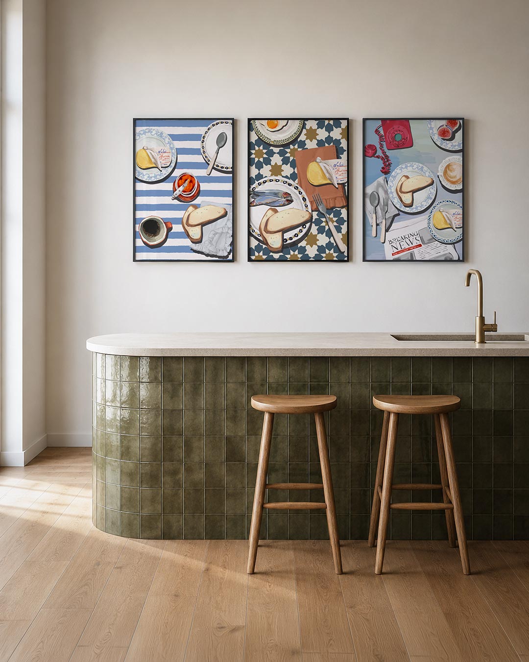 Ontbijt op strepen posterset – tweede productweergave – een speelse compositie van ontbijtitems op een blauw-wit