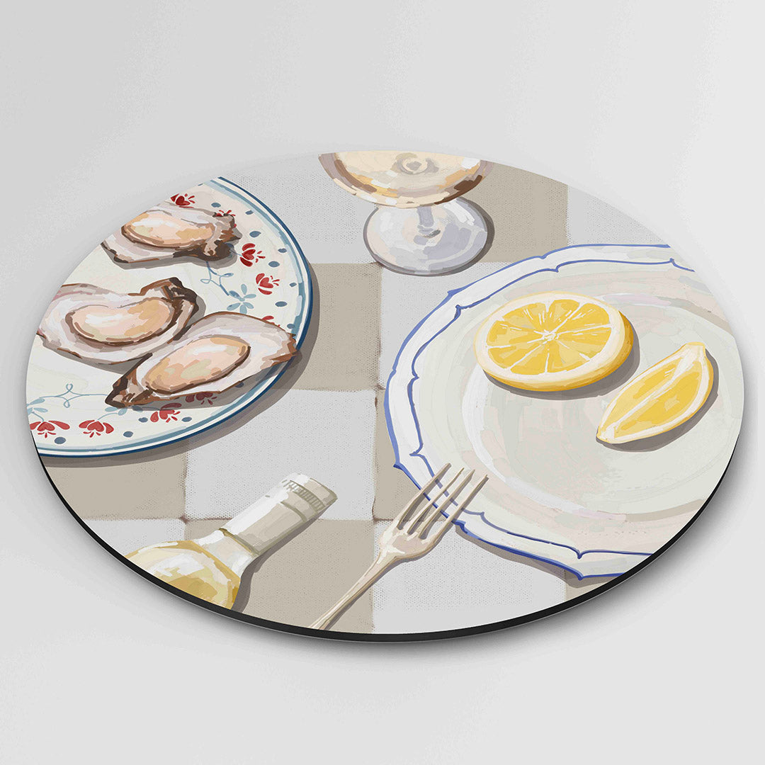 Oesters en citroen – ronde wanddecoratie met abstract ontwerp