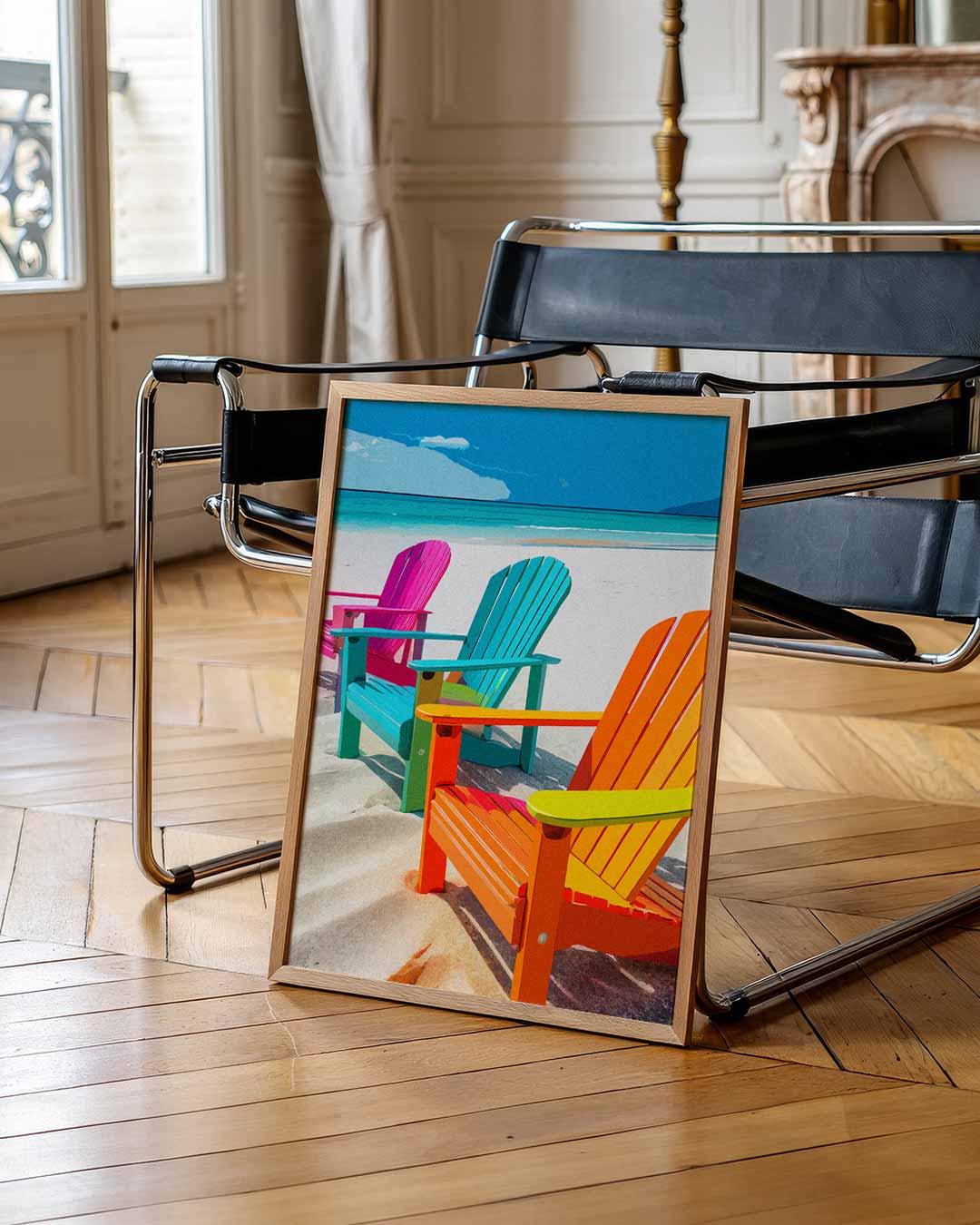 Kleurrijke Strandstoelen – staande muurposter met zomerse uitstraling