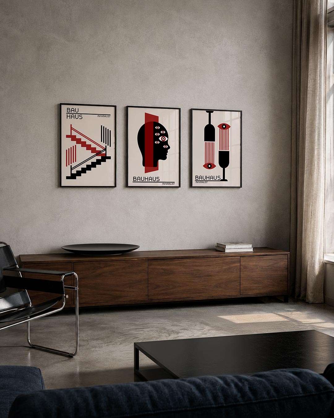 Trapvormen en lijnen posterset – tweede productweergave – deze posterset in drie delen toont een spel van rode en zwarte