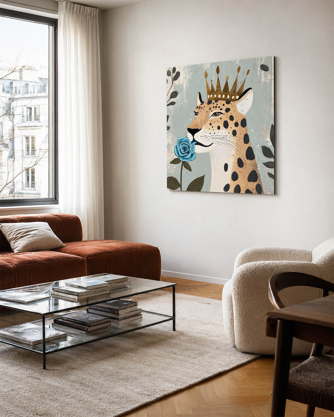 Majestueuze luipaard kunstwerk – vierkante wanddecoratie – dit kunstwerk toont een luipaard met een gouden kroon en een