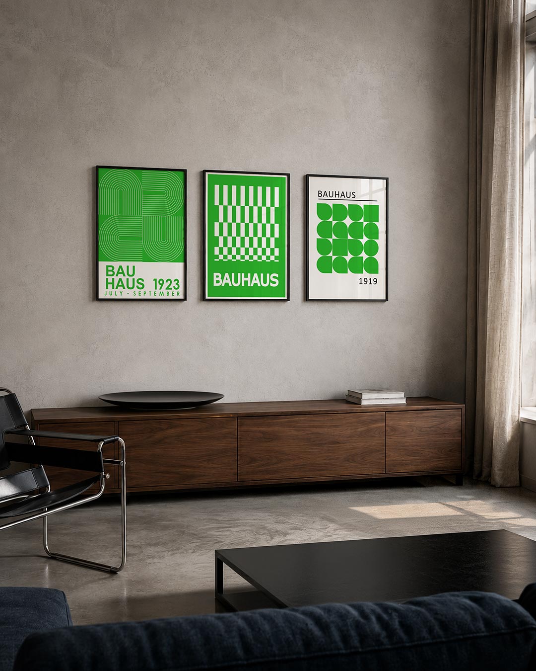 Lijnen en kleurvlakken driedelige posterset – deze posterset in drie delen toont een levendig spel van groene en witte