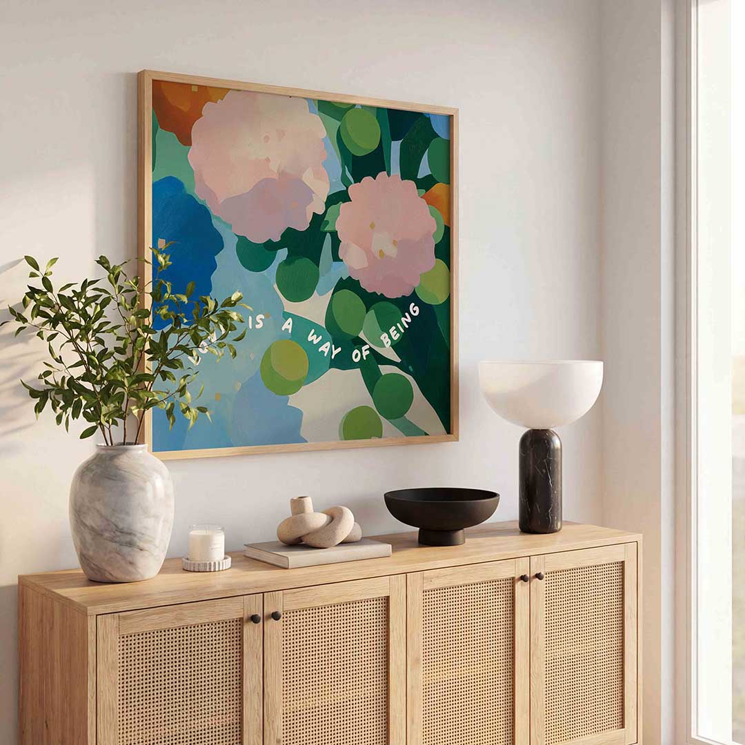 Bloemen en tekst – kleurrijke poster in vierkant formaat