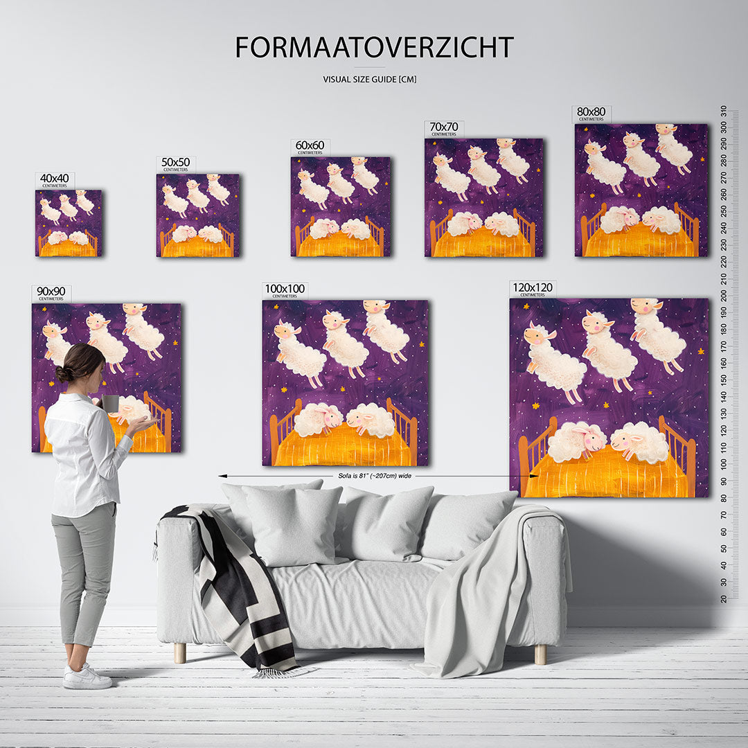 Dromerige slaapscène kunstwerk – sfeerbeeld – dit kunstwerk toont schapen die vrolijk boven een bed zweven tegen een