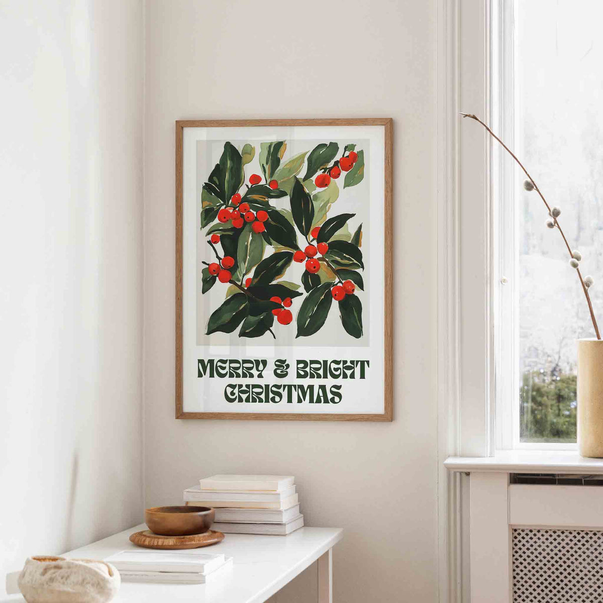 Groene bladeren en rode bessen – staande kerst wanddecoratie van WallArtistic