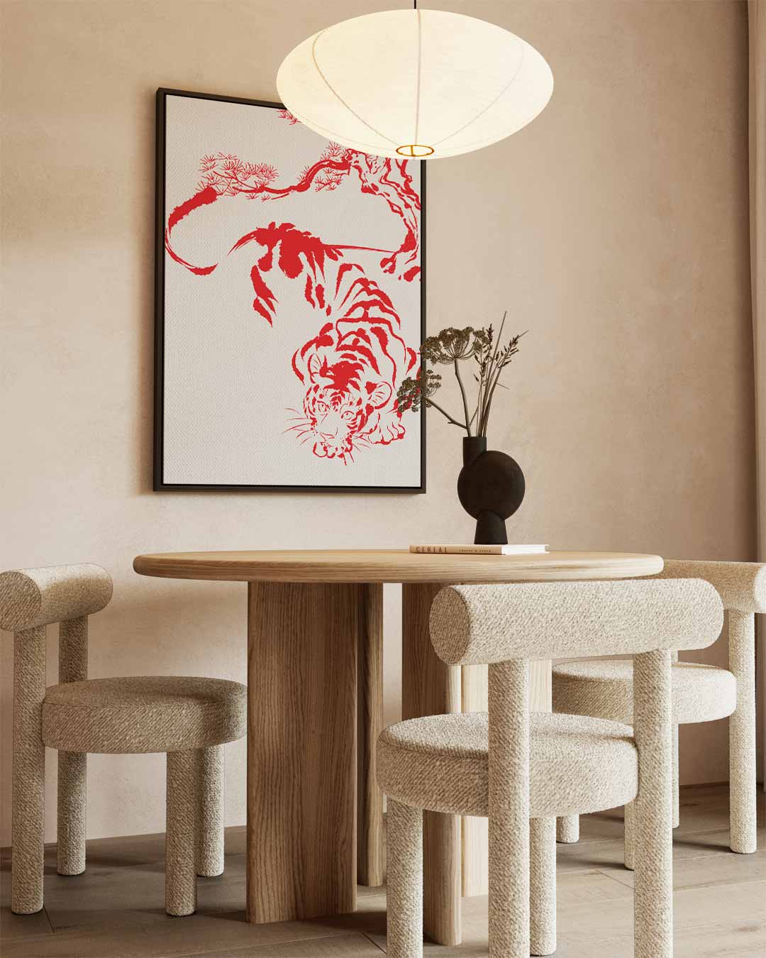 Rode tijger onder boom – staand kunstwerk voor modern interieur