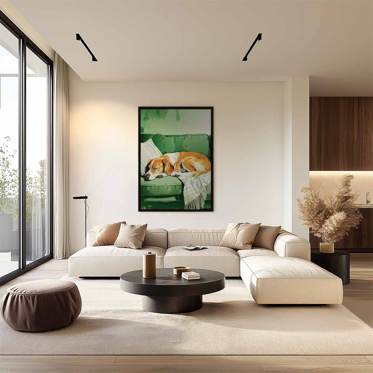 Slapende Hond op Groene Bank – staand kunstwerk voor modern interieur