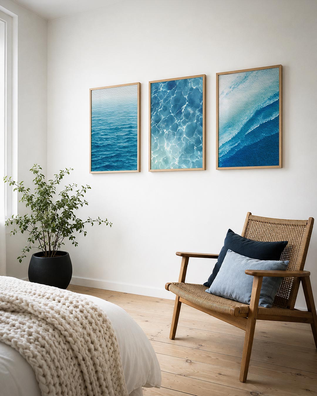 Golvend blauw ritme posterset – detailweergave – deze afbeelding toont een zee van blauwe tinten die in