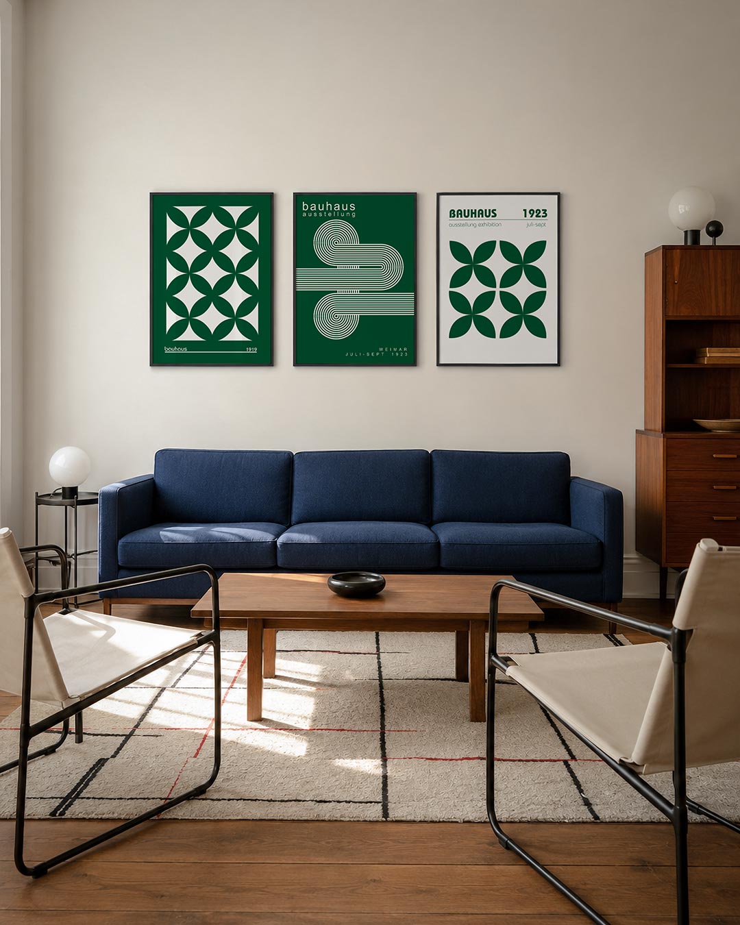 Cirkelpatroon harmonie driedelige posterset – deze posterset toont een ritmisch spel van overlappende groene cirkels op een