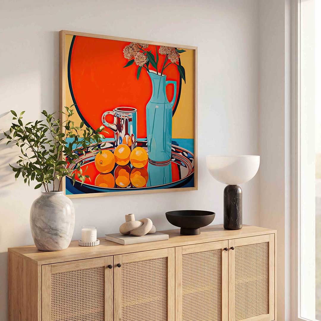 Stilleven met kan en sinaasappels – illustratie poster in vierkant formaat