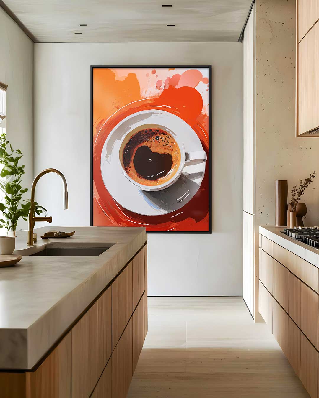 Koffiemoment in Abstracte Stijl – dibond wanddecoratie in staand formaat