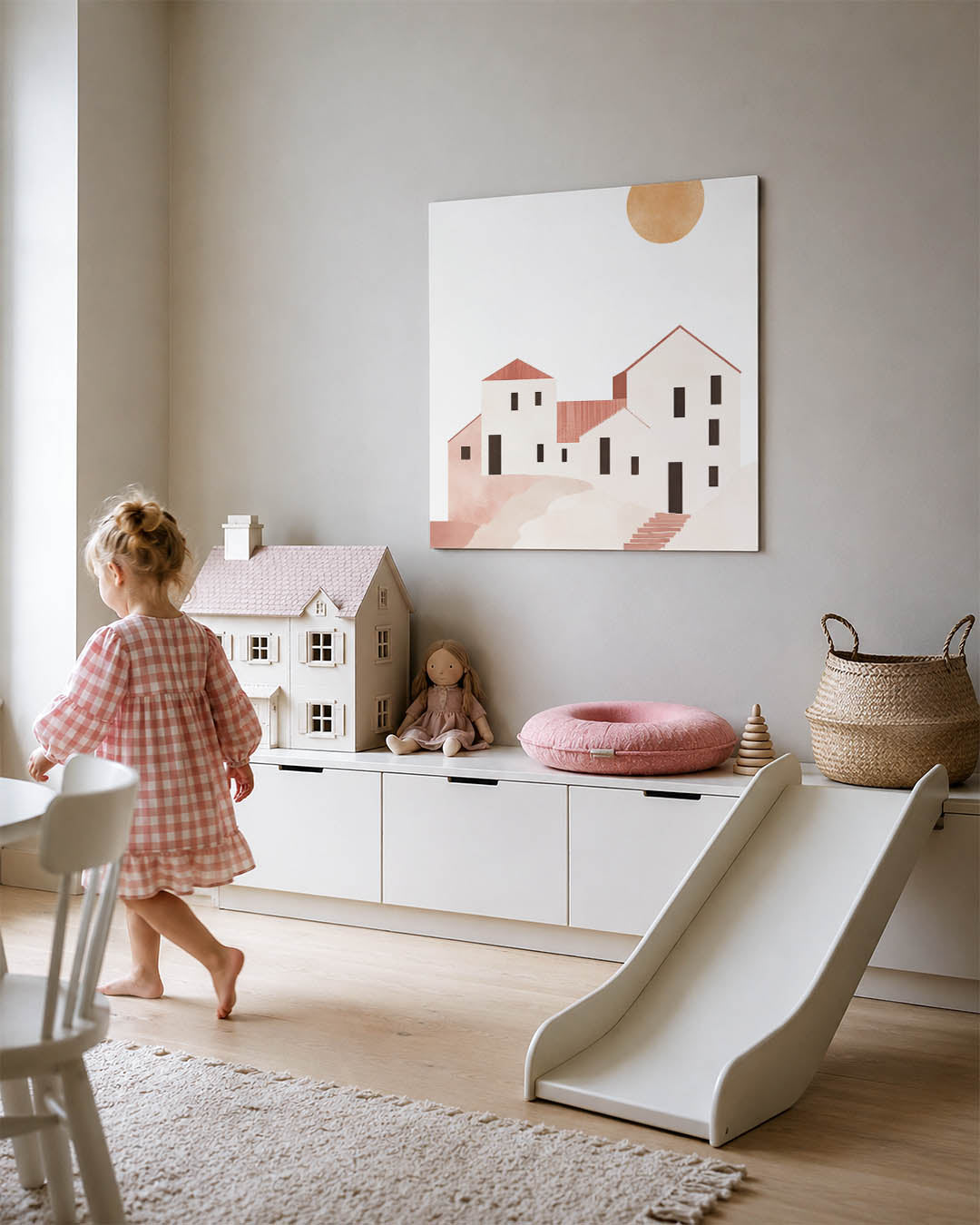 Geometrische zonsopgang kunstwerk – tweede productweergave – dit werk toont een reeks eenvoudige, geometrische gebouwen onder