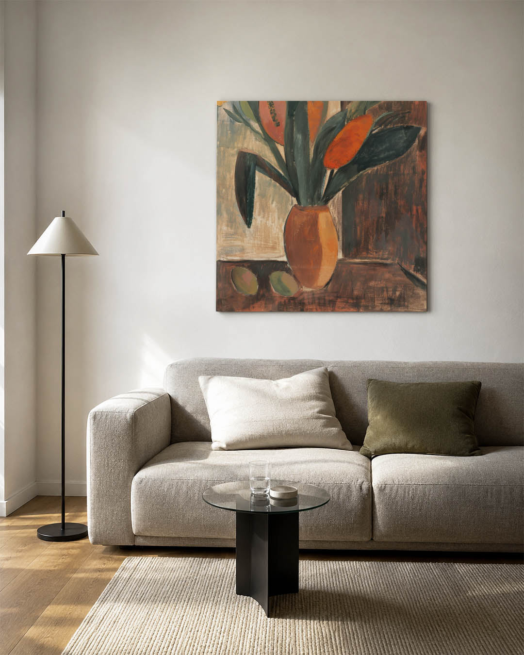 Kleurrijk bloemstilleven kunstwerk – vierkante wanddecoratie – dit kunstwerk toont een vaas met bloemen in warme tinten. De