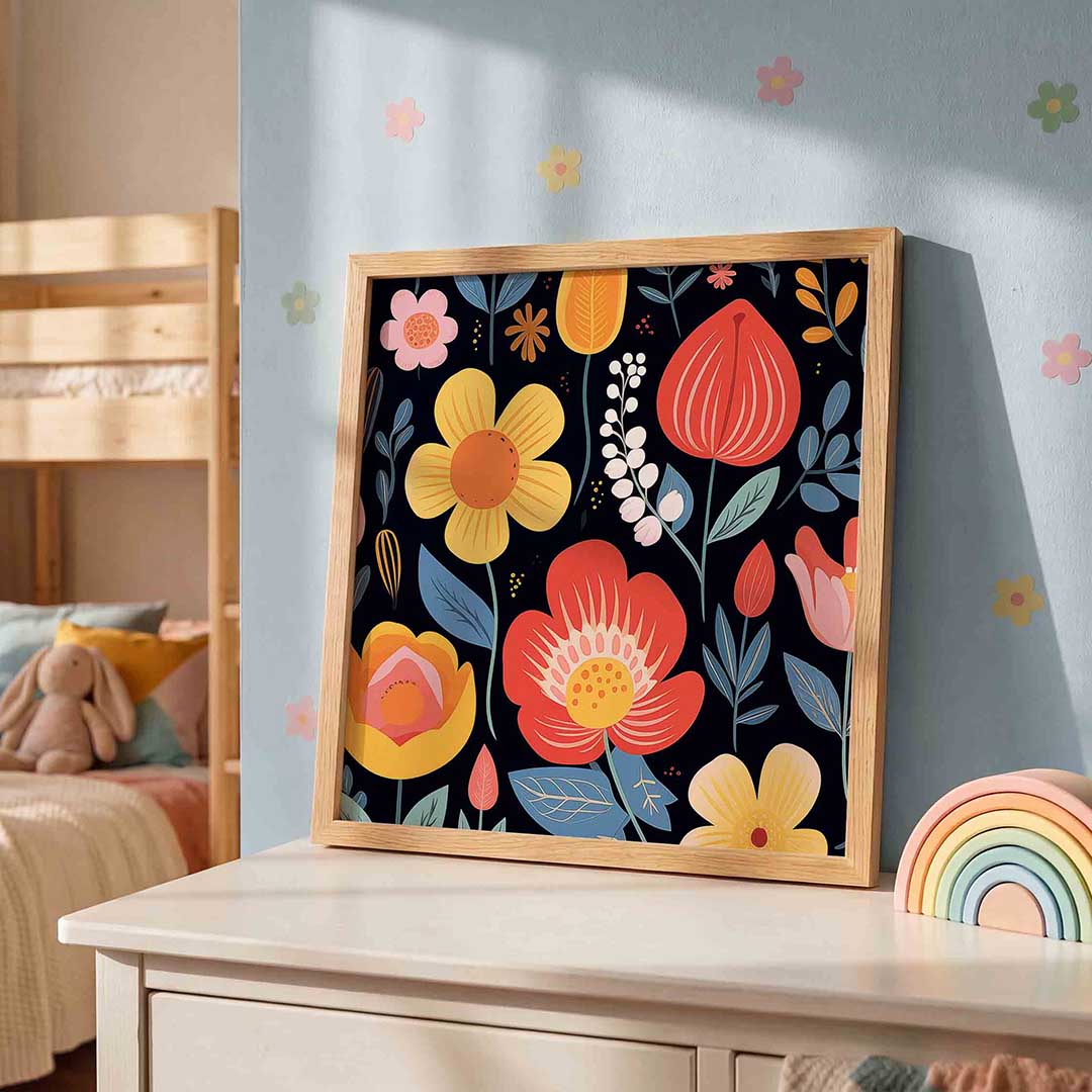 Bloemen en bladeren – speelse wandkunst als vierkante kinderposter