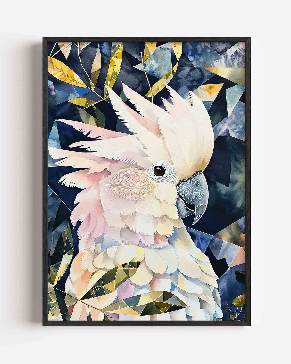 Papegaai met geometrische bladeren – dieren portret poster als wanddecoratie