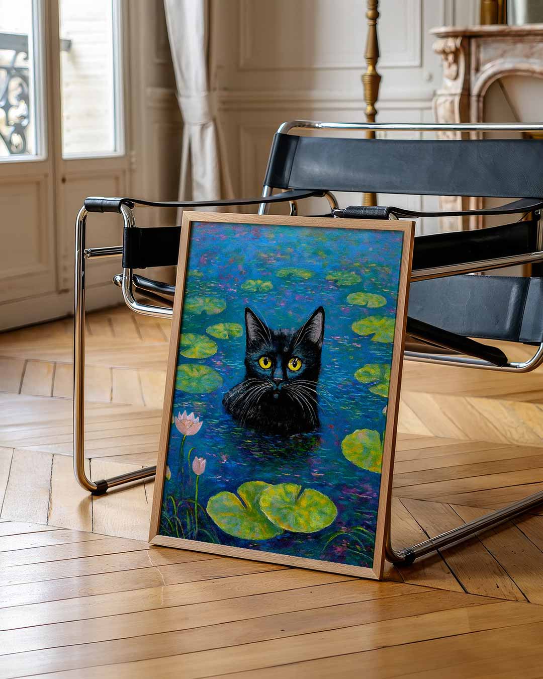 Mystieke Zwarte Kat op Waterlelies – urban poster in staand formaat