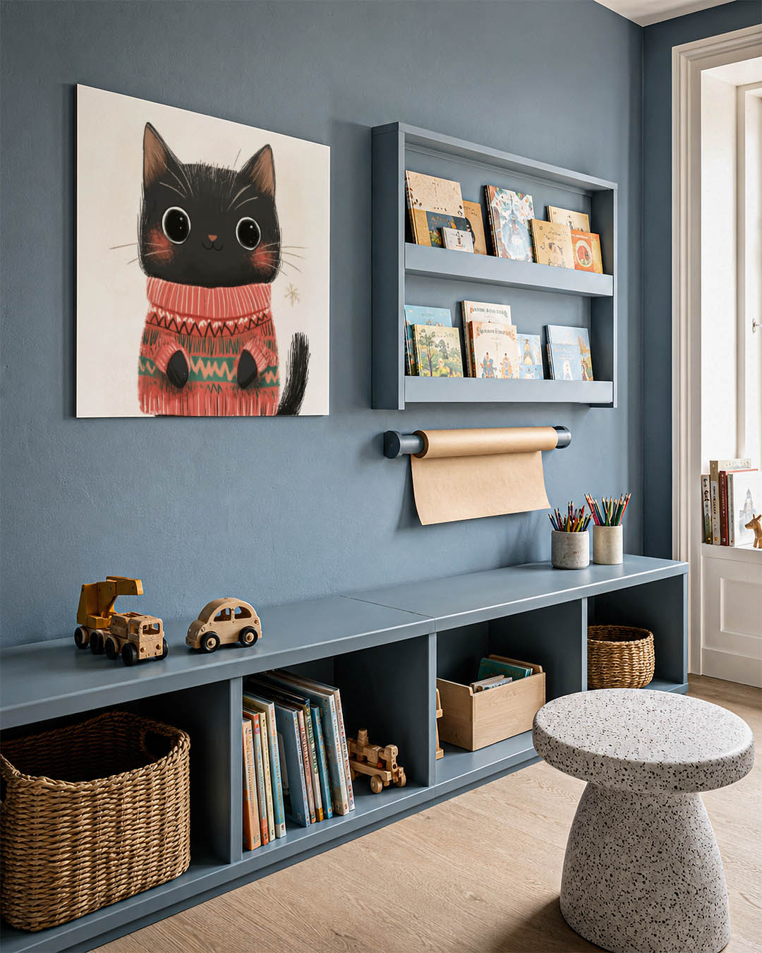 Schattige kat illustratie kunstwerk – detailweergave – dit werk toont een schattige kat met grote ogen in een kleurrijke